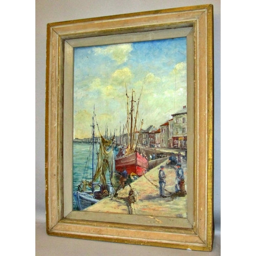 712 - Early 20th Century School - Boats docked up along the harbour, unsigned, oil on board, 33.5 x 46.5 c... 