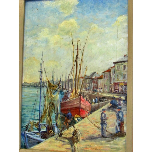 712 - Early 20th Century School - Boats docked up along the harbour, unsigned, oil on board, 33.5 x 46.5 c... 