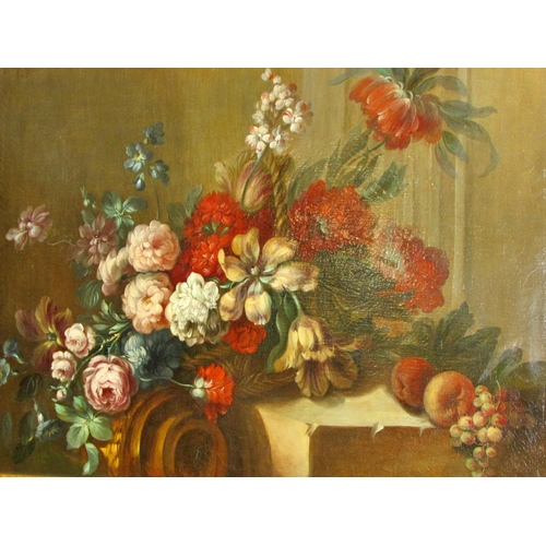 714 - Dutch School, 19th Century - Still Life of Summer Flowers and Fruit, unsigned, with 1993 receipt of ... 