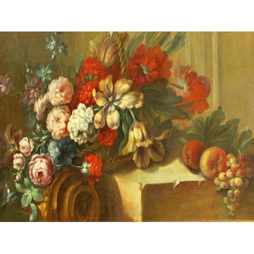 714 - Dutch School, 19th Century - Still Life of Summer Flowers and Fruit, unsigned, with 1993 receipt of ... 