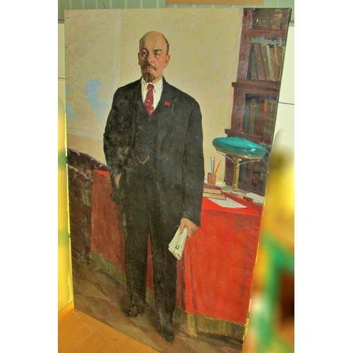 715 - 20th Century Russian School - Large socialist realist portrait of Lenin holding a newspaper, standin... 