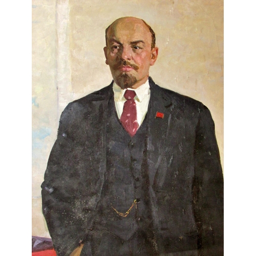 715 - 20th Century Russian School - Large socialist realist portrait of Lenin holding a newspaper, standin... 