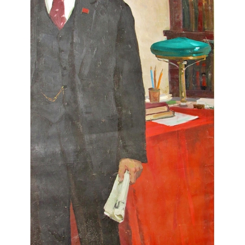 715 - 20th Century Russian School - Large socialist realist portrait of Lenin holding a newspaper, standin... 