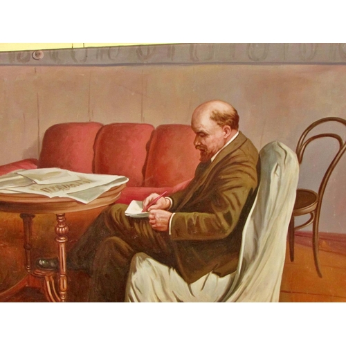 716 - 20th Century Russian School - Large socialist realist portrait of Lenin sitting at a table while wri... 