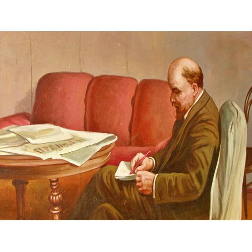 716 - 20th Century Russian School - Large socialist realist portrait of Lenin sitting at a table while wri... 