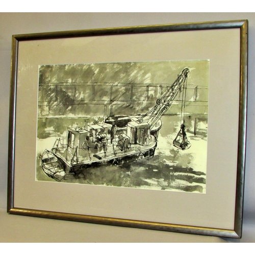 718 - Michael Fussell (British, 1927-1974) - Dredger at the Harbour (1969), pen and ink wash on paper, sig... 