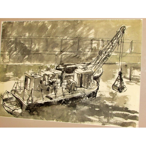 718 - Michael Fussell (British, 1927-1974) - Dredger at the Harbour (1969), pen and ink wash on paper, sig... 