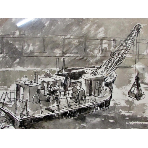 718 - Michael Fussell (British, 1927-1974) - Dredger at the Harbour (1969), pen and ink wash on paper, sig... 