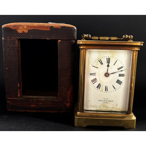 439 - Brass carriage clock with bespoke travel case, the clock with eight day time piece