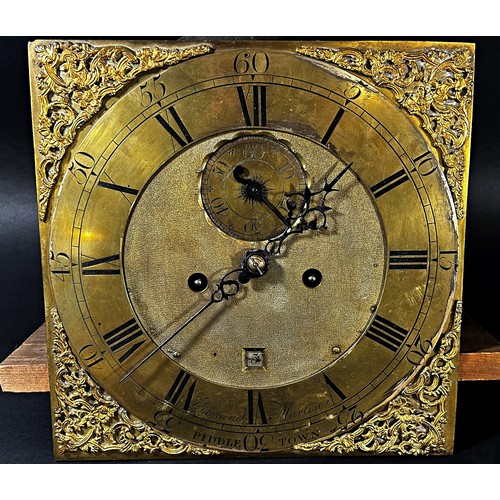 452 - A Georgian longcase clock dial and movement, the square brass dial with engraved chapter ring and ap... 