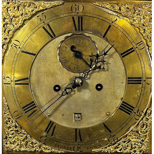 452 - A Georgian longcase clock dial and movement, the square brass dial with engraved chapter ring and ap... 