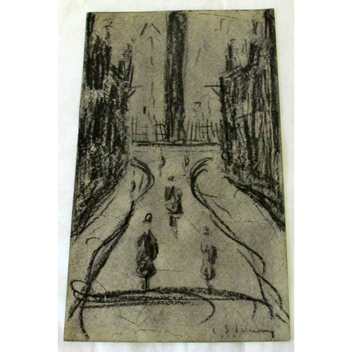 686 - Circle of Laurence Stephen Lowry (1887-1976) - Street view with three figures wearing hats, signed '... 