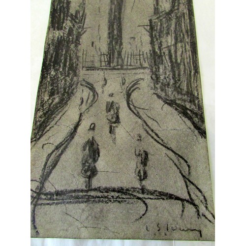 686 - Circle of Laurence Stephen Lowry (1887-1976) - Street view with three figures wearing hats, signed '... 