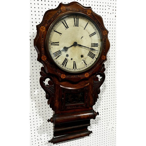 461 - 19th century walnut cased drop dial wall clock the case with marquetry detail, painted dial and eigh... 