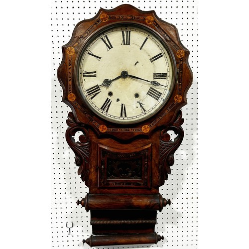 461 - 19th century walnut cased drop dial wall clock the case with marquetry detail, painted dial and eigh... 