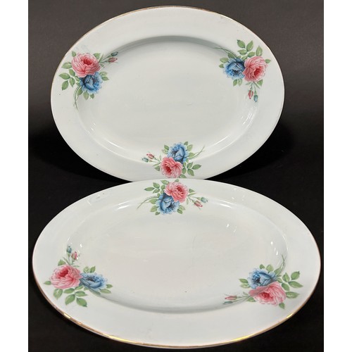 85 - Imperial dinnerwares, c.1960, on pale turquoise ground with rose floral decoration, 12 dinner plates... 