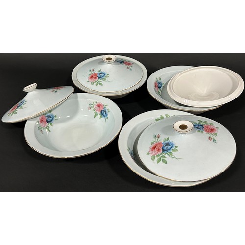 85 - Imperial dinnerwares, c.1960, on pale turquoise ground with rose floral decoration, 12 dinner plates... 