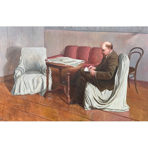 20th Century Russian School - Large socialist realist portrait of Lenin sitting at a table while writing, unsigned, oil on canvas, 212 x 136 cm, unframed