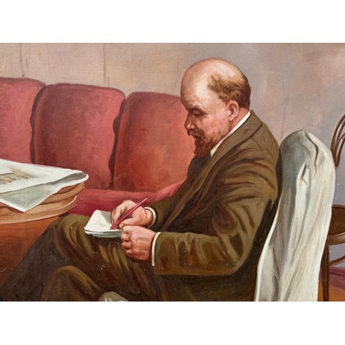 716 - 20th Century Russian School - Large socialist realist portrait of Lenin sitting at a table while wri... 