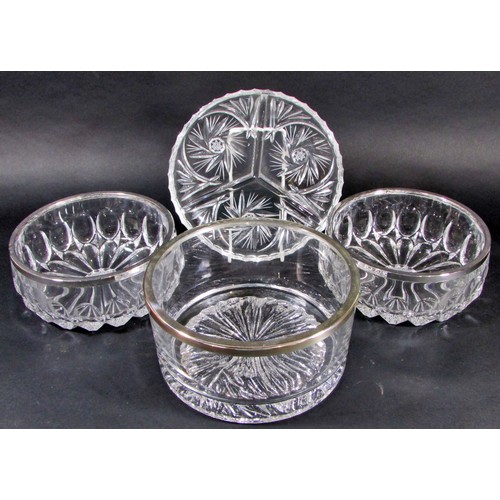 145A - Seven circular glass bowls of varying size with silver plated collars and two cut glass hors d'oeuvr... 