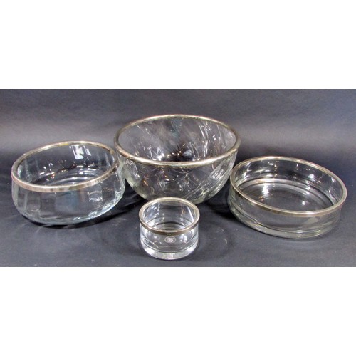 145A - Seven circular glass bowls of varying size with silver plated collars and two cut glass hors d'oeuvr... 