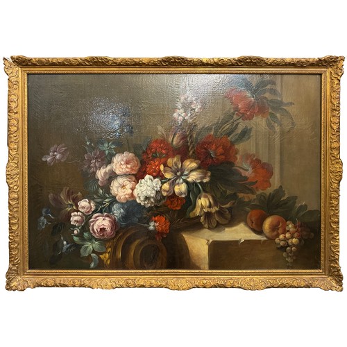 714 - Dutch School, 19th Century - Still Life of Summer Flowers and Fruit, unsigned, with 1993 receipt of ... 