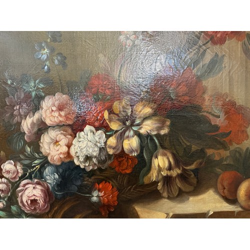 714 - Dutch School, 19th Century - Still Life of Summer Flowers and Fruit, unsigned, with 1993 receipt of ... 