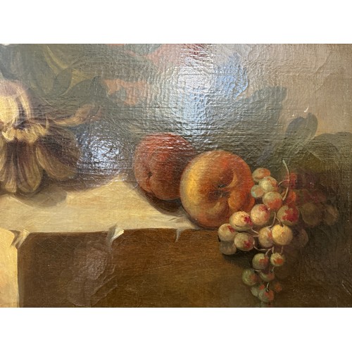 714 - Dutch School, 19th Century - Still Life of Summer Flowers and Fruit, unsigned, with 1993 receipt of ... 