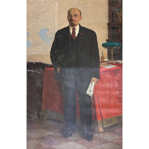 715 - 20th Century Russian School - Large socialist realist portrait of Lenin holding a newspaper, standin... 