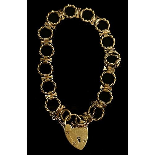 293 - Vintage 9ct fancy link bracelet with heart padlock clasp, 10.8g