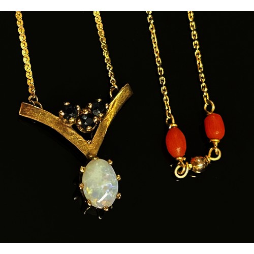 295 - Two vintage 9ct gem set necklaces; an opal and sapphire example and an example interspersed with cor... 