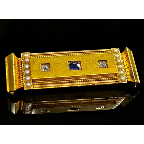 296 - Victorian yellow metal mourning brooch set with pearls, two diamonds and a sapphire, inscribed verso... 