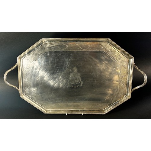 162 - A silver serving tray with side engravings and centre inscriptions reading 'Labore', London, dated 1... 