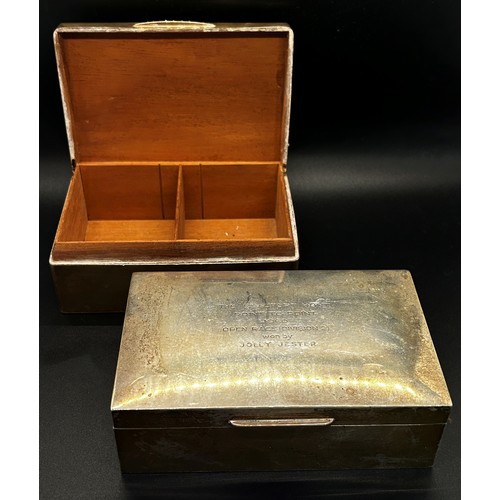 163 - A silver cigarette box engraved with inscriptions, together with a matching similar cigarette box (2... 