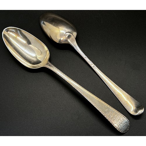 174 - Four silver dinner spoons with different designs and makers, 8 ozs approximately