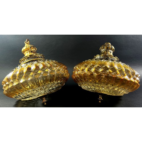 137 - A pair of Vintage Amber Glass Ceiling Lights, with gold fittings, 35cm diam approx