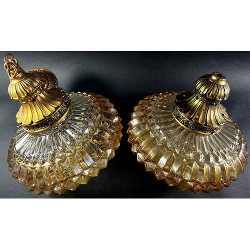 137 - A pair of Vintage Amber Glass Ceiling Lights, with gold fittings, 35cm diam approx