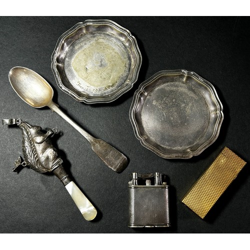 192 - Mixed lot comprising a 1920s silver baby's rattle in the form of a red squirrel by Crisford & Norris... 