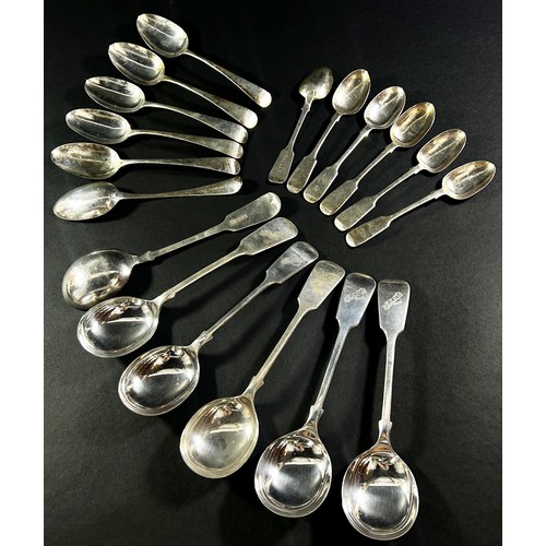 195 - Six silver soup spoons, Sheffield 1924, maker Cooper Brother & Sons Ltd, six 19th century dessert sp... 