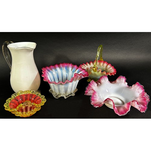 145 - A miscellaneous collection of glassware, including four Victorian ruffle glass dishes, a glass rolli... 