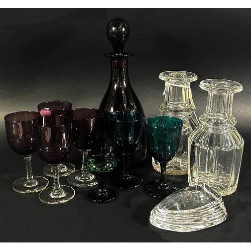 146 - A late Victorian purple glass decanter with a set of inter matching purple and green glasses, a 19th... 