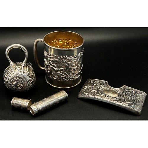 212 - A mixed collection of 19th century silver including a small tankard, a tobacco box, a snuff box, nee... 