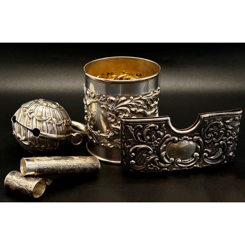 212 - A mixed collection of 19th century silver including a small tankard, a tobacco box, a snuff box, nee... 