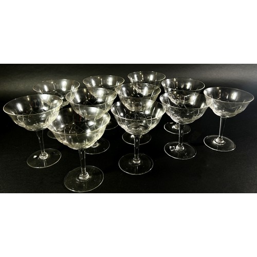 150 - A suite of Belgian M.B. Boussu glasses, including twelve red wine, ten white wine, ten sherry, eleve... 