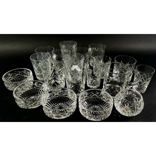 153 - A mixed selection of cut glass including red wine glasses, white wine, brandy balloons, tumblers, sh... 