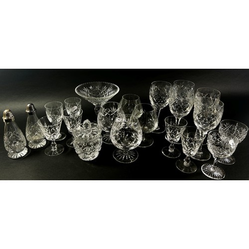 153 - A mixed selection of cut glass including red wine glasses, white wine, brandy balloons, tumblers, sh... 