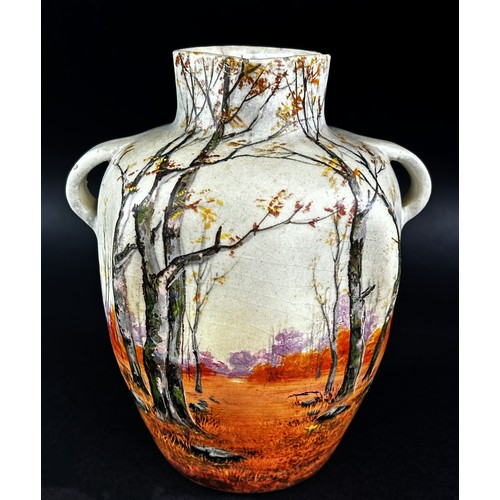 65 - A Jerome Massier Vallauris ceramic vase woodland landscape detail, small lug handles and square moul... 