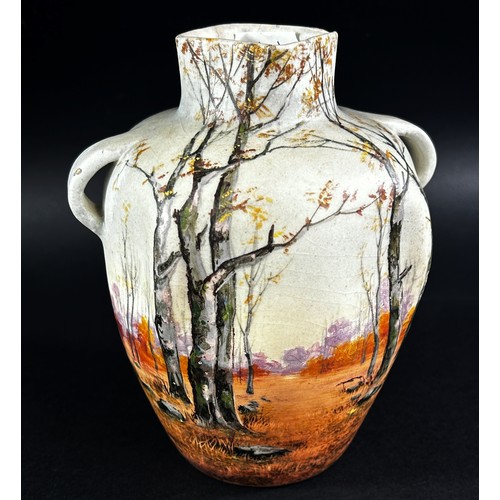 65 - A Jerome Massier Vallauris ceramic vase woodland landscape detail, small lug handles and square moul... 