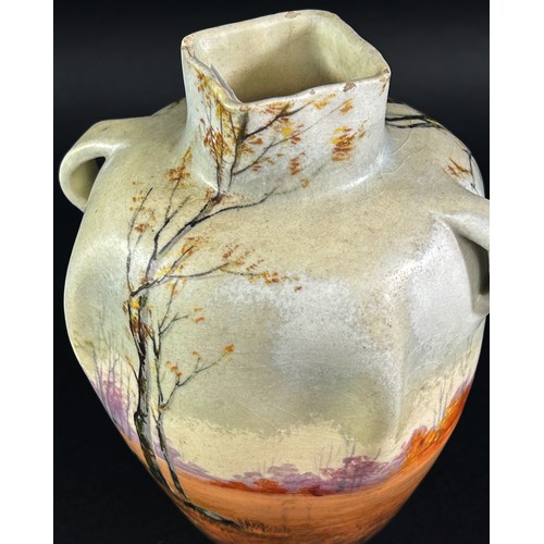 65 - A Jerome Massier Vallauris ceramic vase woodland landscape detail, small lug handles and square moul... 