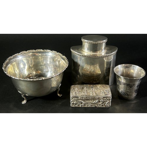 185 - A silver tea caddy Birmingham 1906, maker Deacon & Francis Ltd, an Adie Brothers Ltd sugar bowl, a d... 